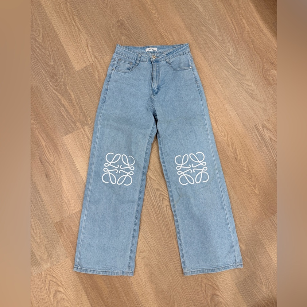 Loewe Light Blue Straight Wide Leg Jeans with White Knee Logo Vintage S